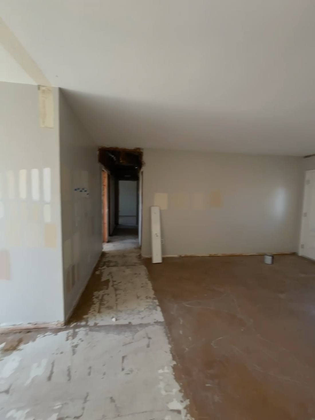 Interior hallway and living area stripped to subfloor